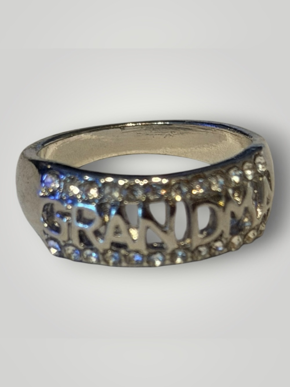 Grandma Rhinestone Statement Ring Silver Tone Cutout Size 8 Gift